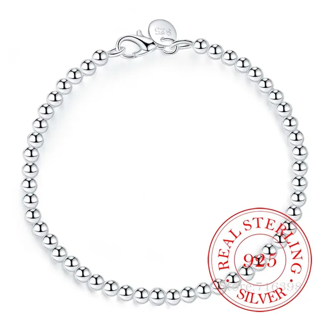 100% prawdziwe 925 srebro bransoletka dla kobiet mężczyzn Homme 4MM koraliki łańcuszek kulkowy bransoletki bransoletki klasyczne Pulsera De Mujer