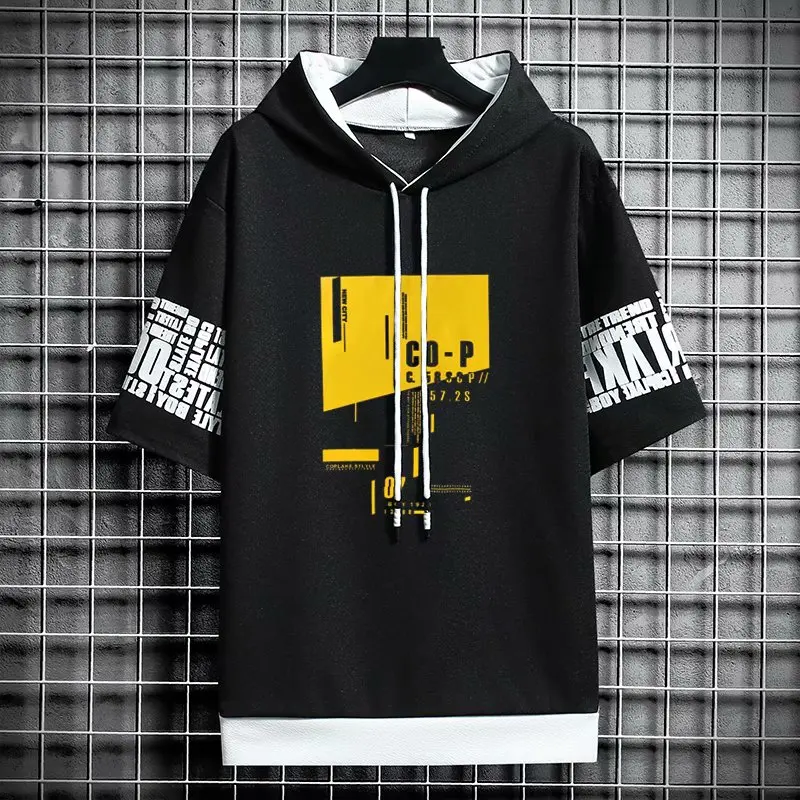 New Korean Style Men\'s Hoodies Fashion Streetwear Half Sleeve Hooded Sweatshirts Men Casual Harajuku Prints Men Clothing Hoodies