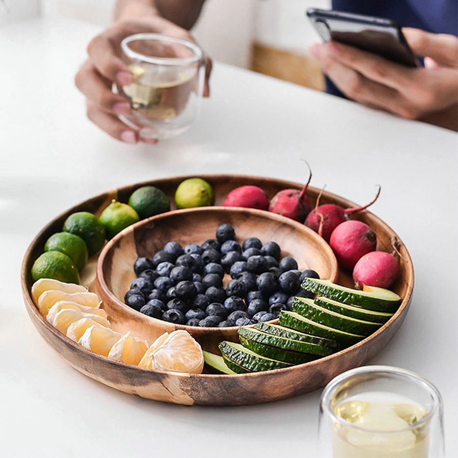 

Double Layer Snacks Candy Wooden Plate Fruit Dish Storage Tray Round Fruit Tray