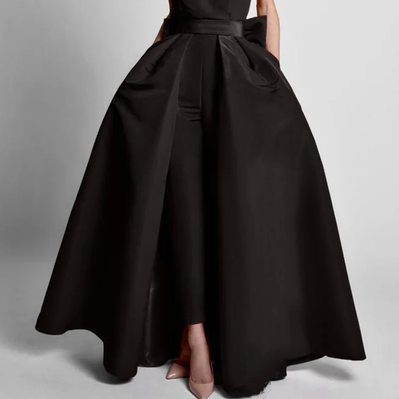 Black Detachable Satin Overskirt Skirt Satin Big Bow Waistband Floor Length Train Removable Wedding Accessories Maxi Party Skirt