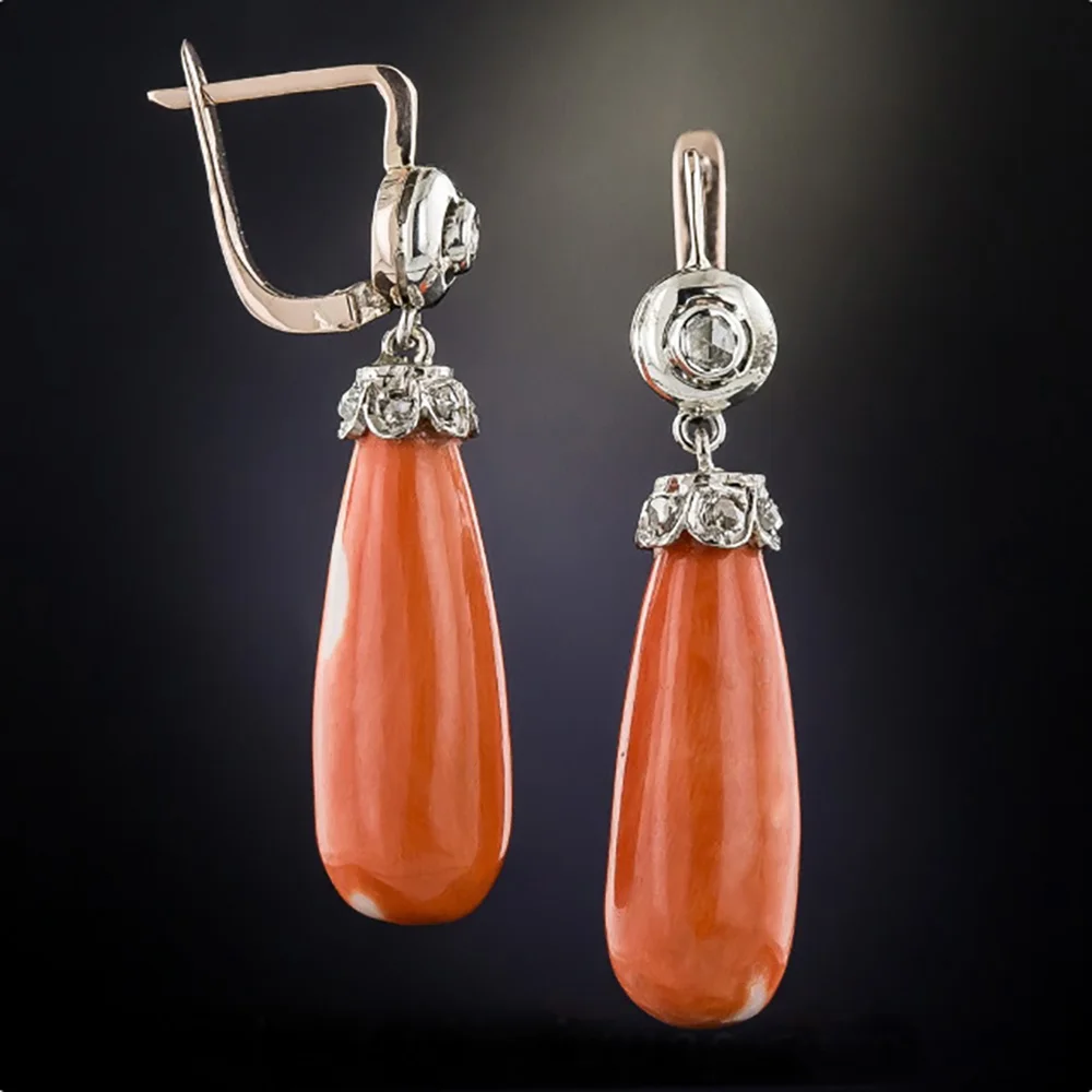 Banny Pink Vintage Water Drop Orange Stone Stud Earring For Women Ethnic Chic Coral Antique Metal Ear Fashion Jewelry