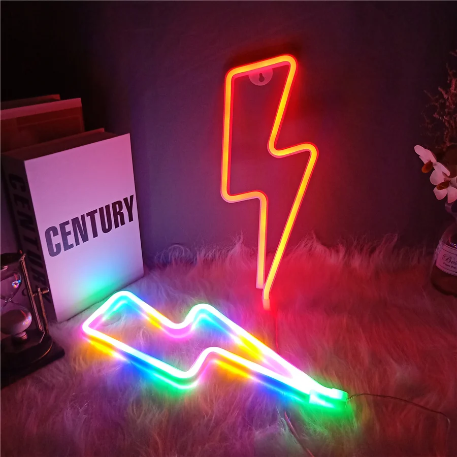 USB Battery Operated Colorful LED Neon Sign Lightning Shaped Night Lights Decorative Table Lamp for Home Party Wedding Xmas Gift