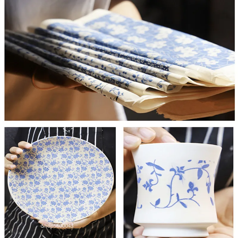 1PCS Pottery Underglaze Color Decal Paper Blue and White Stickers DIY Jingdezhen Ceramic Blank Transfer Flower Paper 54x37cm