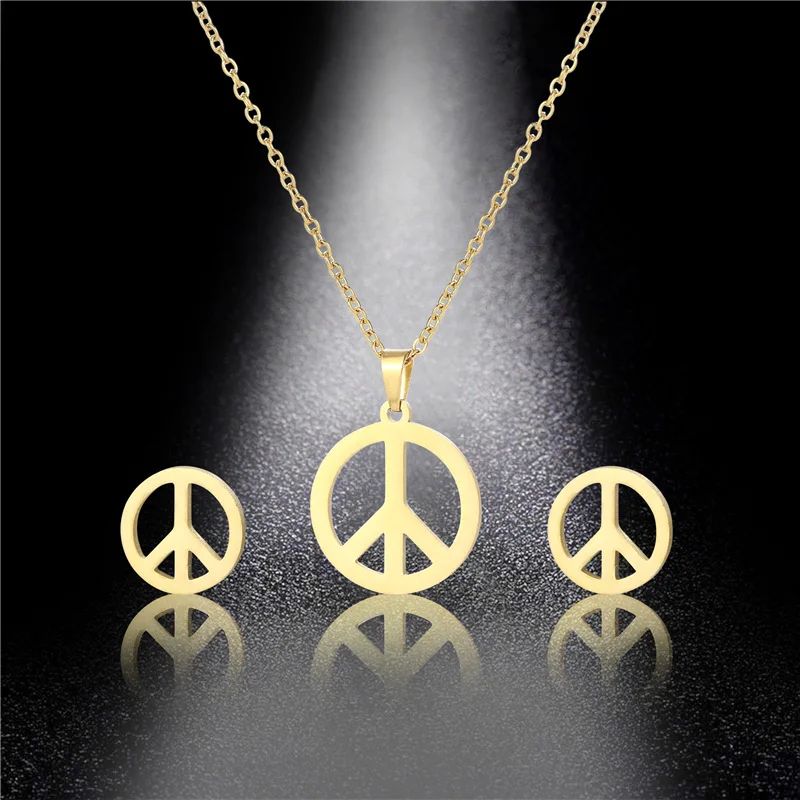 Stainless Steel Gold Color Peace Sign Charm Necklace for Men Women Fashion Jewelry Set Wholesale Dainty Steel Circle Necklaces