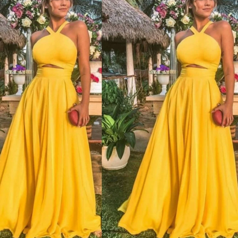 Vestidos de Fiesta amarillos con cuello halter, Vestidos de Noche de satén baratos, longitud hasta el suelo, vestidos de noche largos de gasa, vestidos de gala jurken