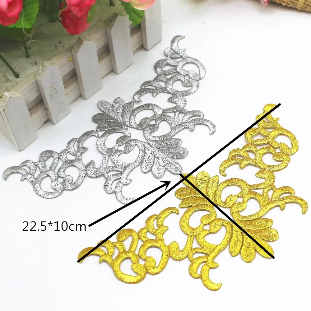 Gold Embroidered Patches Iron On Appliques Flower Vintage Diy Trims Shiny Metallic Gold And Silver 20cm*9.5cm