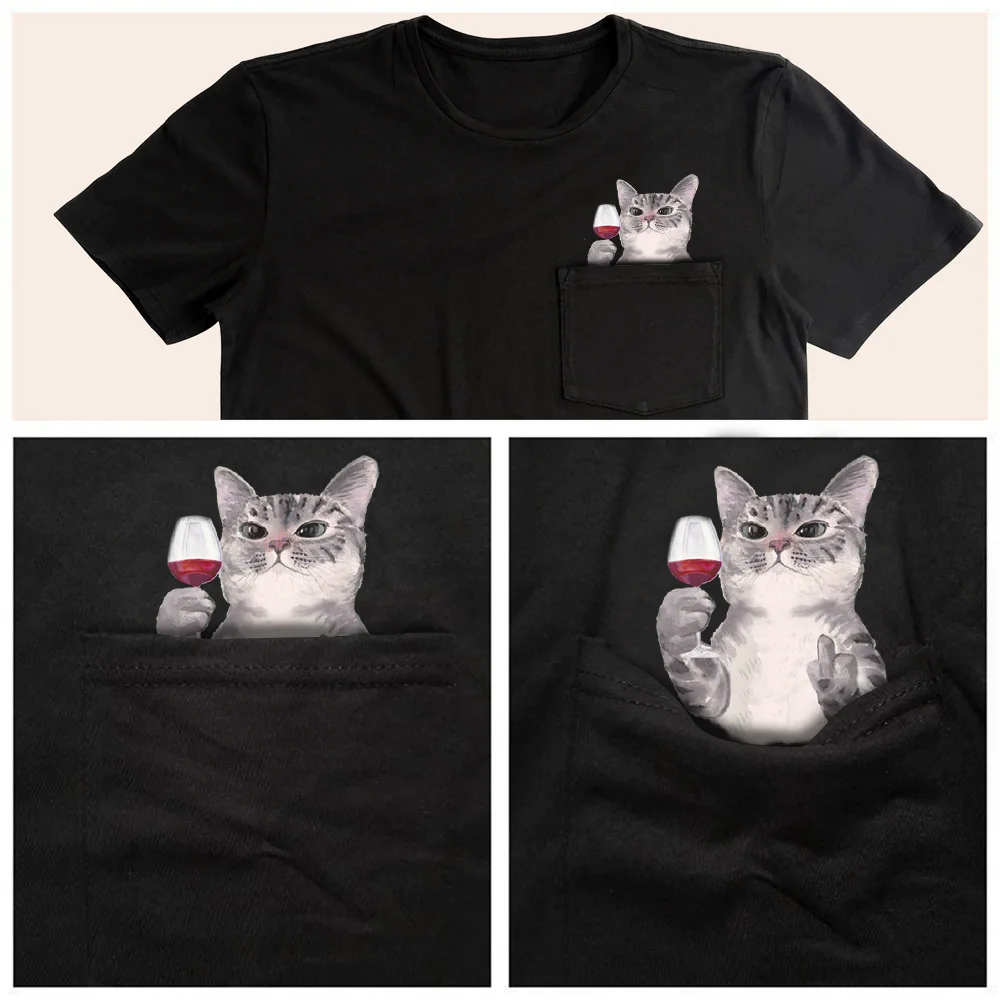 CLOOCL T-Shirt Fashion Summer Cat Wine Pocket T-shirt 3D Printed Men for Women Shirts Tops Funny Cotton Black Tees