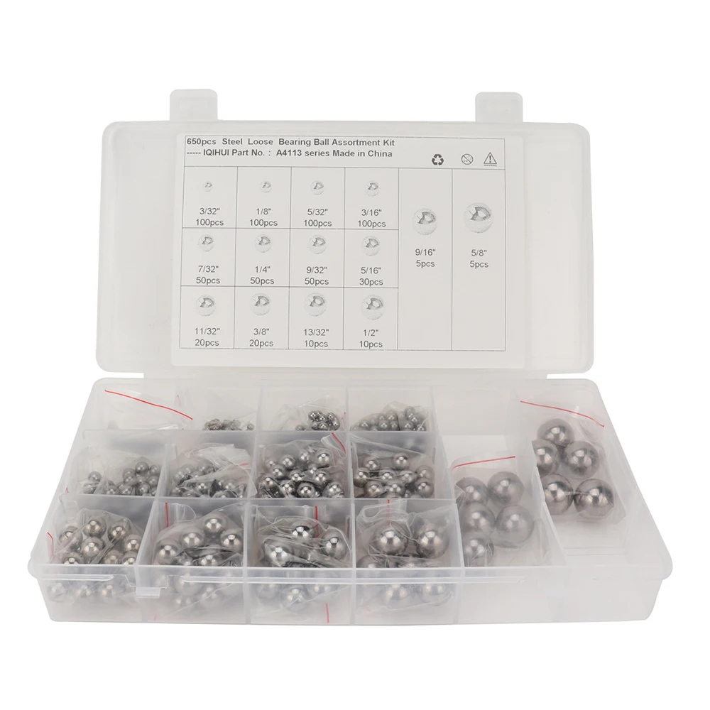 

650Pcs Steel Bearing Balls 3/32 1/8 5/32 3/16 7/32 1/4 9/32 5/16 11/32 3/8 13/32 1/2 9/16 5/8 Fine-ground Solid Steel Balls