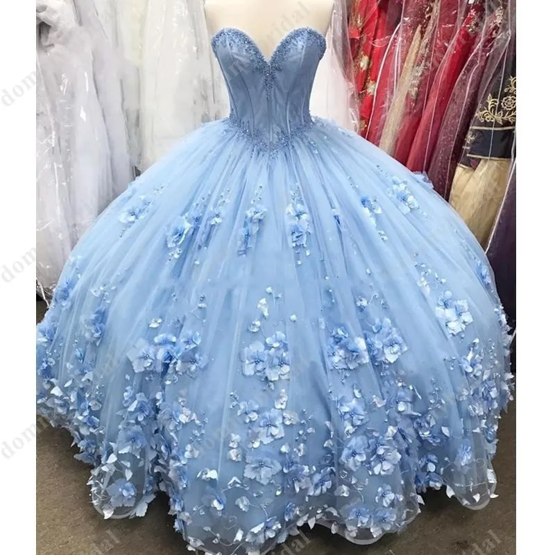 Gaun Pesta Malam Prom Quinceanera Gaun Bola Putri Kekasih Mutiara Bunga Floral Blue Langit Cahaya 15 De 15