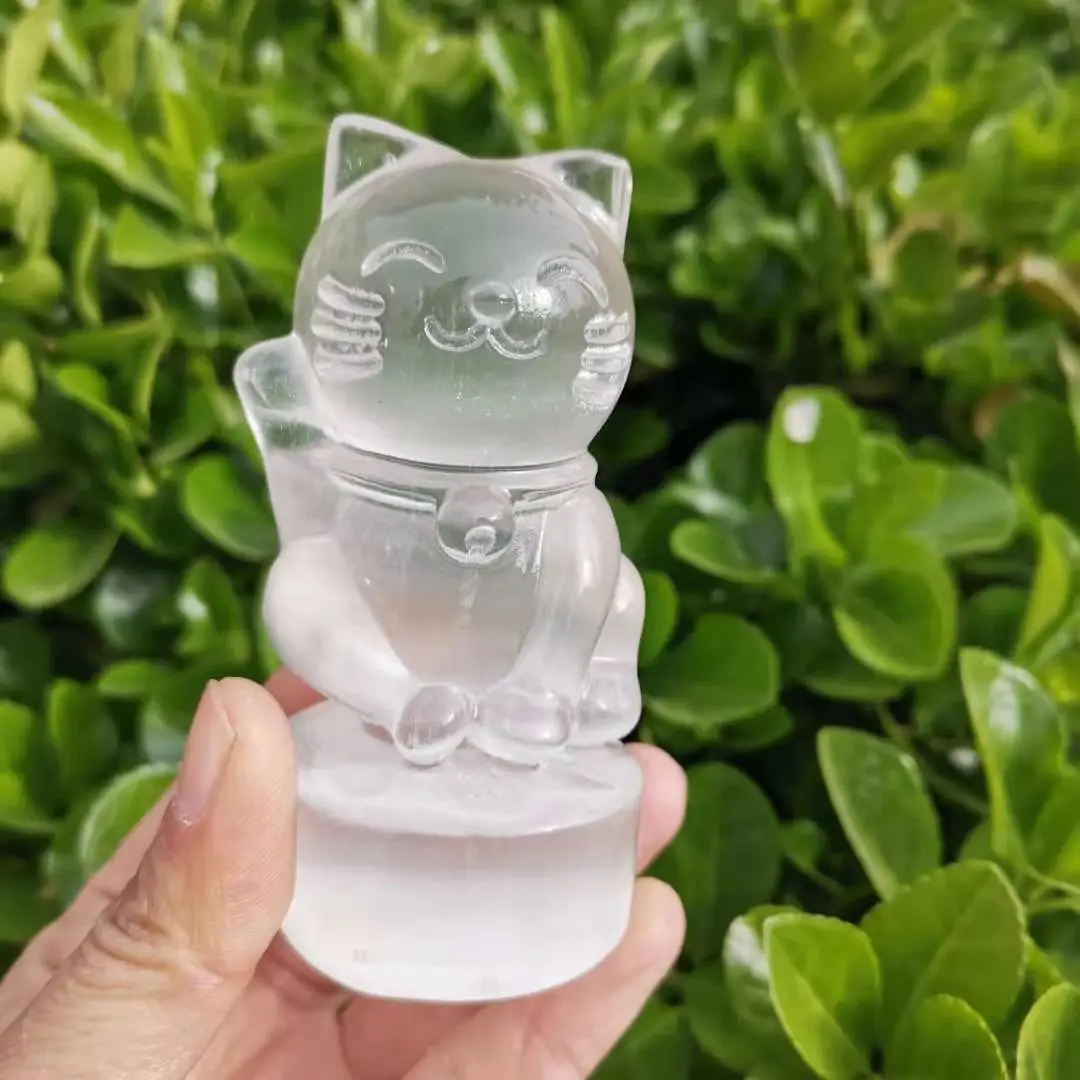 Natural selenite cat Figurines gypsum Cat Statue for Fortune Money and Good Luck