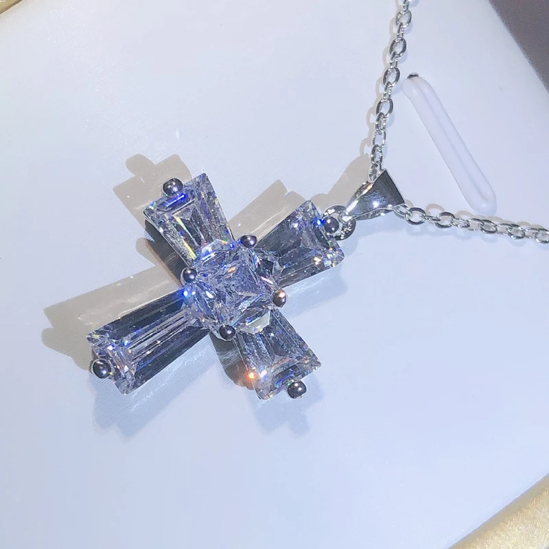 925 Sterling Silver Delicate Dazzling Clear Cubic Zirconia Cross Pendant Necklace For Women Necklace Wedding Luxury Jewelry