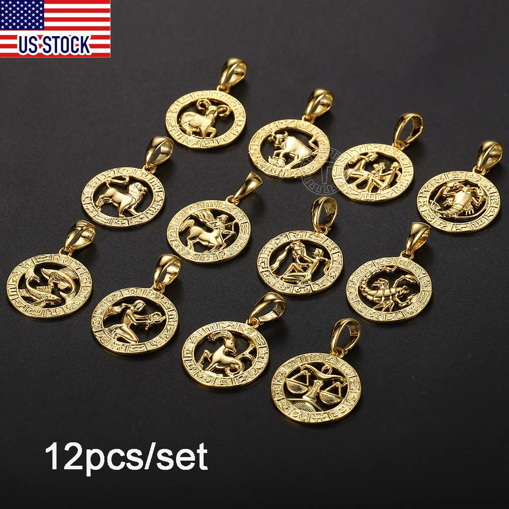 12pcs/Set Pendant For Womens Girls 12 Zodiac Sign Constellation Leo Taurus Gold Color Round Jewelry Dropship Wholesale GPM24US