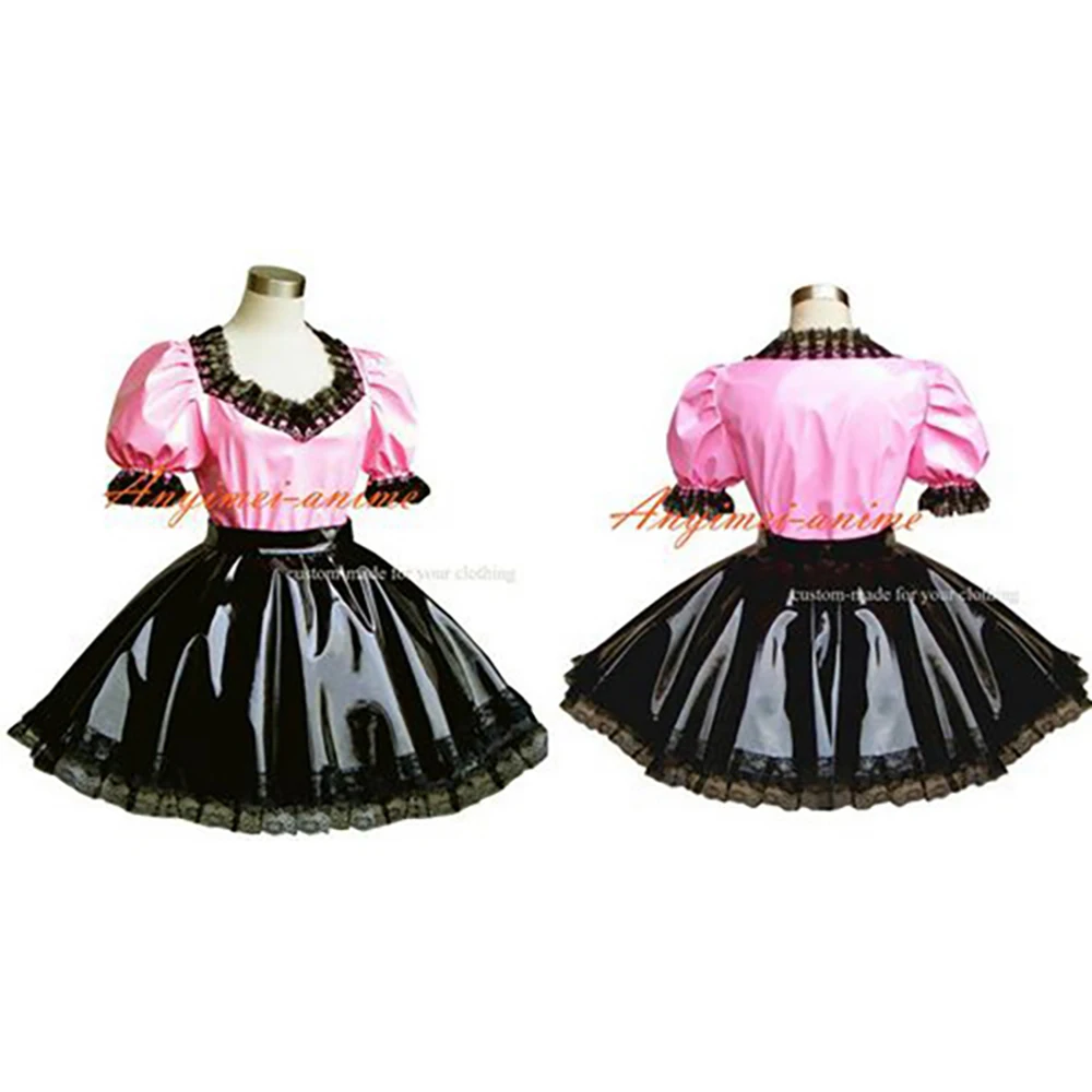 

fondcosplay adult sexy cross dressing sissy maid pink thin shirt Gothic Lolita Punk blakc heavy Pvc skirt CD/TV[G291]