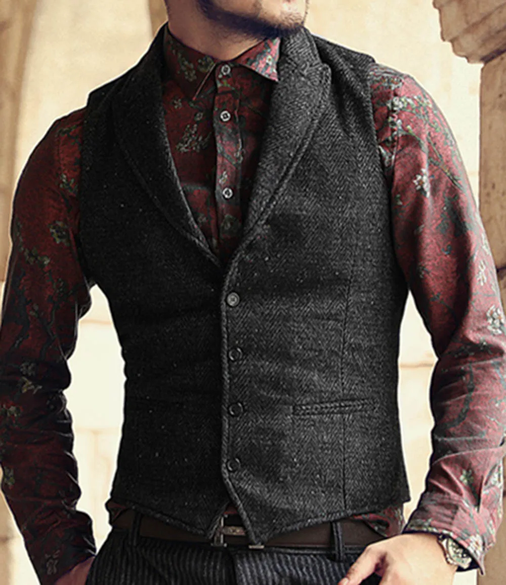 Men\'s Classic Suit Vest Herringbone Pattern Business Waistcoat Notch Lapel Wool Tweed Groomsmen Waistcoat For Wedding