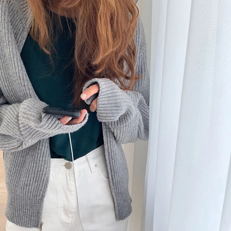 Grey Knitted Coat Women New Spring Autumn Korean Style Vintage Loose Sweater Outwear Zipper Stand-Up Collar Tops Casual