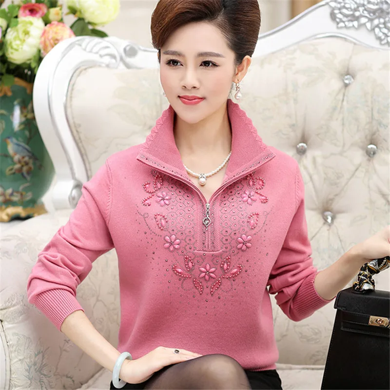 Large Size Middle-aged Women\'s Pullover Sweaters Autumn Long-sleeved Lapel Zipper Knitting Tops Casual Wool Sweater Coat W1786