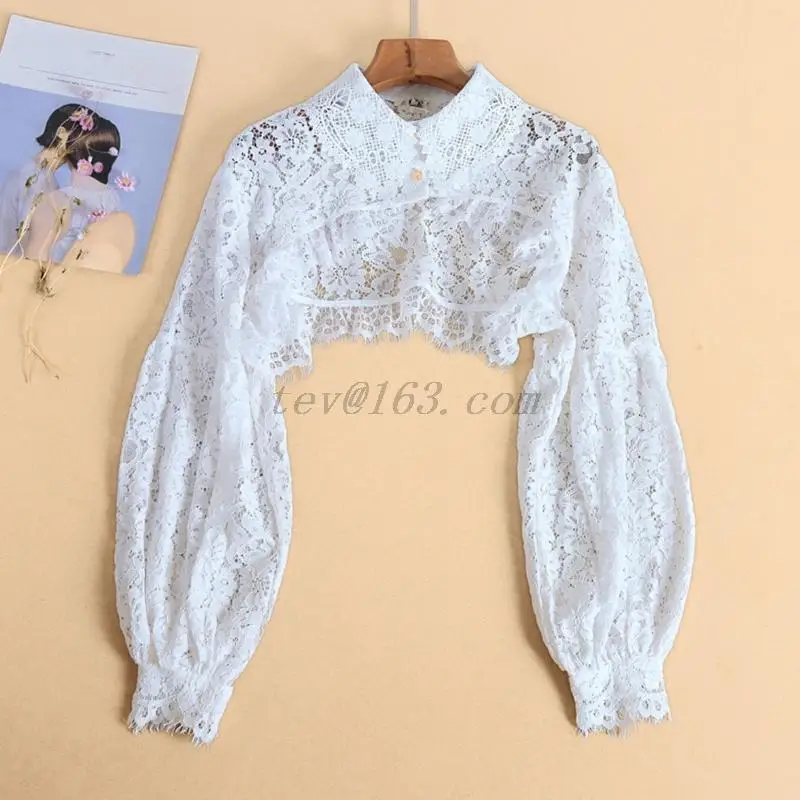 Vrouwen Puff Lange Mouwen Revers Half Top Blouse Hollow Out Wimper Bloemen Kant Afneembare Valse Nep Kraag Dickey Ketting