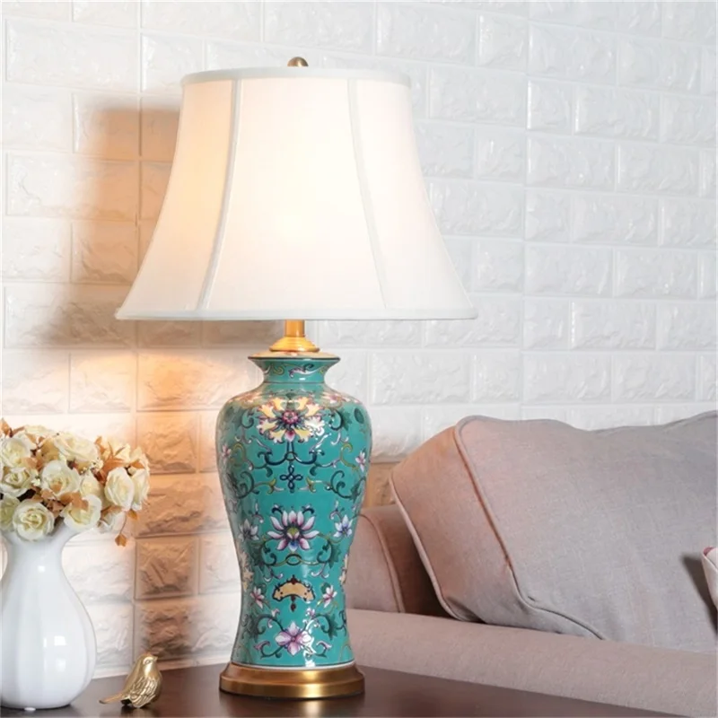 OURFENG LED Table Lamp Ceramic Copper Luxury Desk Light Fabric Bedside Decorative for Home Dining Room Bed Room Office