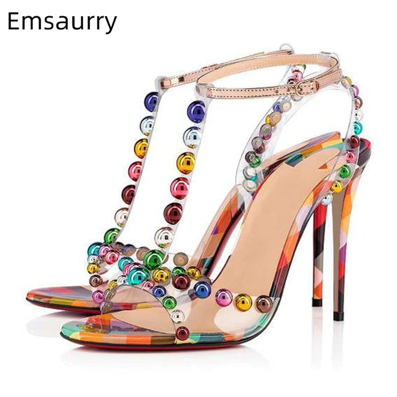 

Colorful Rivet Ball Gladiator Sandals Women Thin High Heels Open Toes T-strap New Summer 2024 Transparent PVC Sandalias