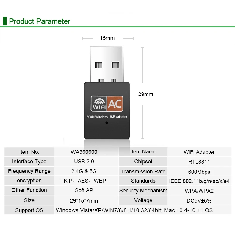 Wireless USB WiFi Adapter 600Mbps wi fi Dongle PC Network Card Dual Band wifi 5 Ghz Adapter Lan USB Ethernet Receiver