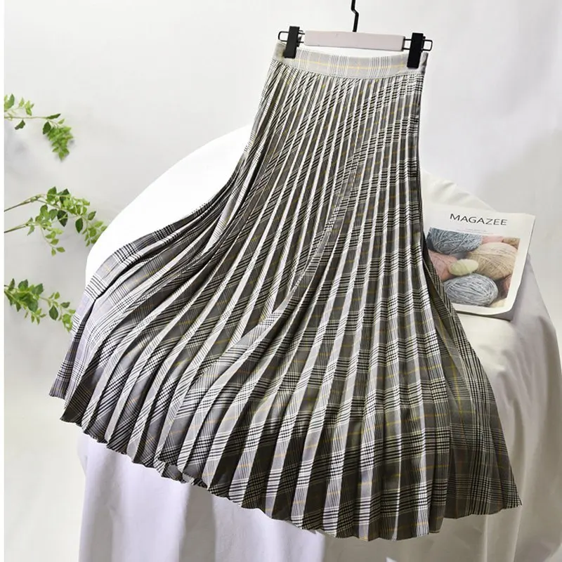 Women\'s Vintage Plaid Pattern Long Skirt Korean Female High Waist Side Zipped Slim Pleated A-Line Skirts Saias 2021 Spring SK692