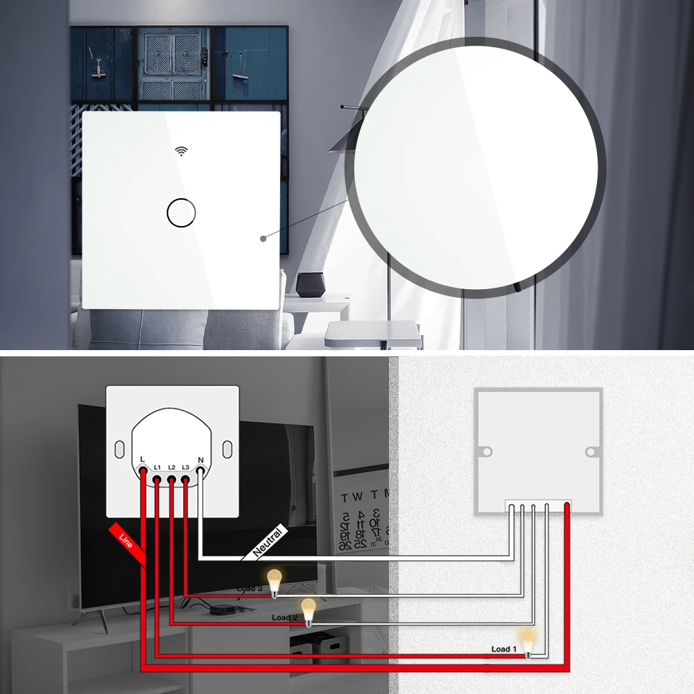 Interruptor de Panel de vidrio inteligente WiFi, Control remoto por aplicación Tuya, funciona con Alexa, Echo, Google Home, RF433, tipo europeo, táctil blanco, 1/2/3 entradas