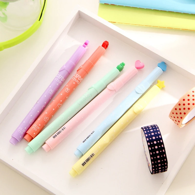 6Pcs/set Cute Candy Color Highlighters Pen Inks Creative Marker Stamp Fluorescent Pens school Supplies office Stationery