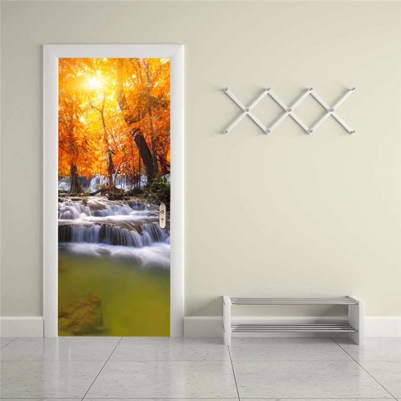 

Self-adhesive landscape waterfall art door sticker home decoration door cover wall sticker mural porch wallpaper poster