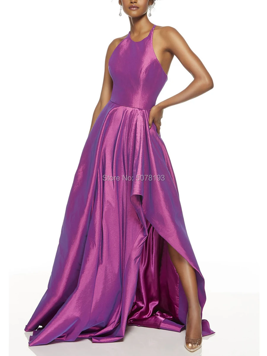 

782 purple halter natural A-line floor-length Evening dresses long taffeta Celebrity gowns showing leg sweep-train free shipping