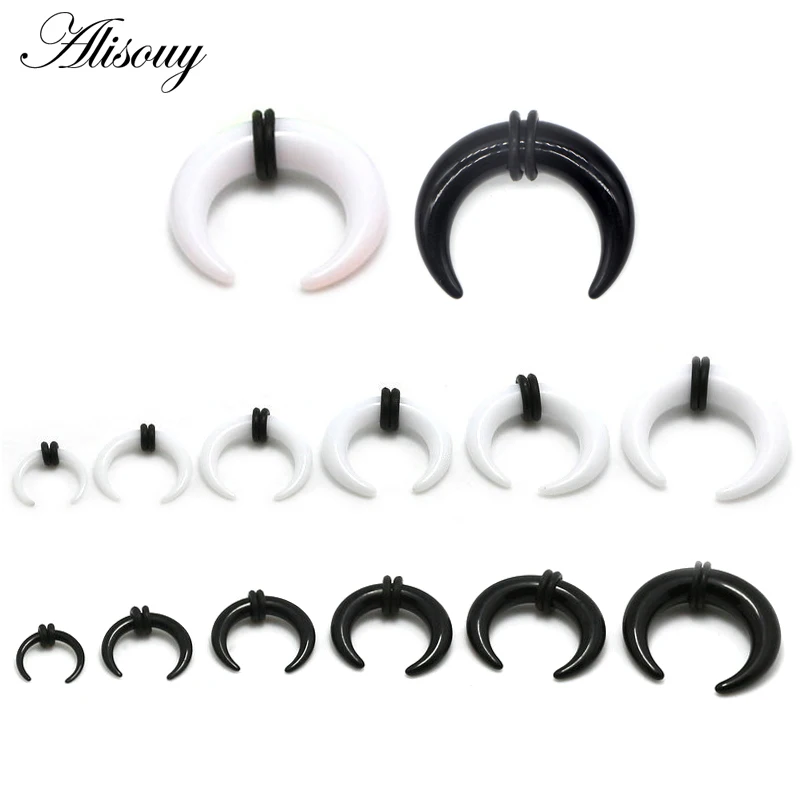 Alisouy 2Pcs White Black Acrylic C Shape Ear Taper Stretcher with O-Rings Ear Pincher Septum Rings Piercing Jewelry 1.6mm-16mm