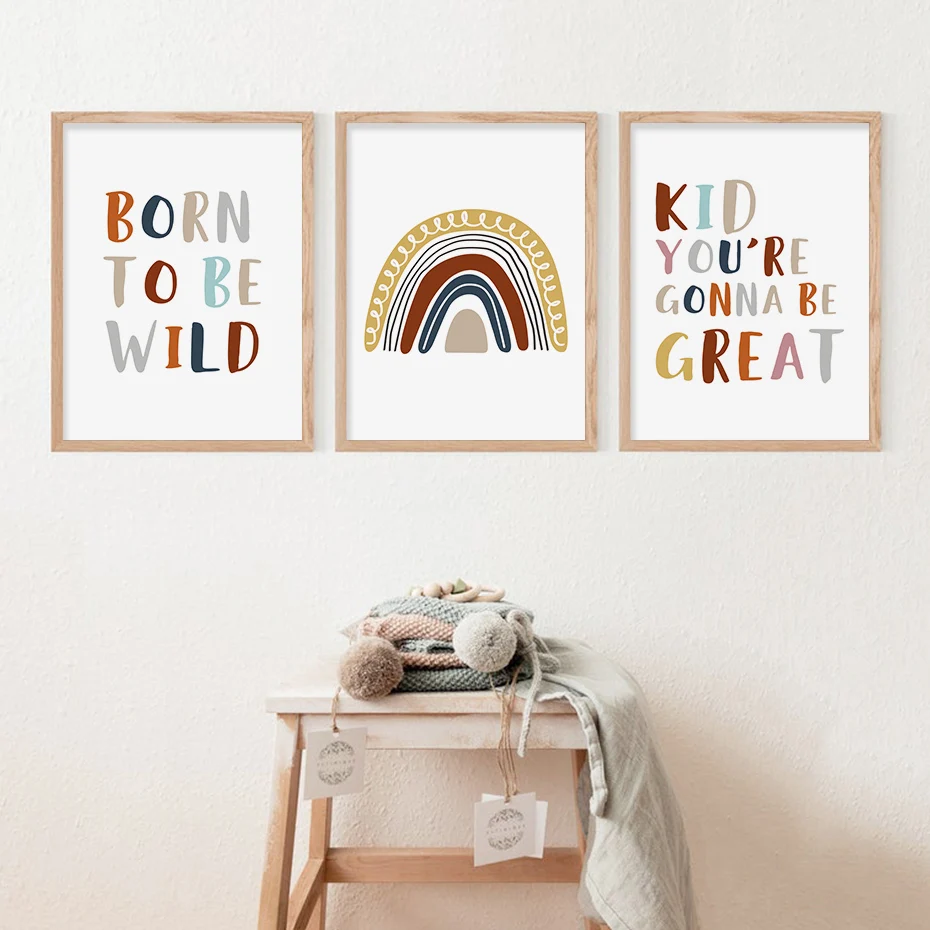 Boho Rainbow Canvas Painting, Neutral Nursery Poster, Motivational Prints, Playroom Wall Art Pictures, Kids' Bedroom, Home Decor