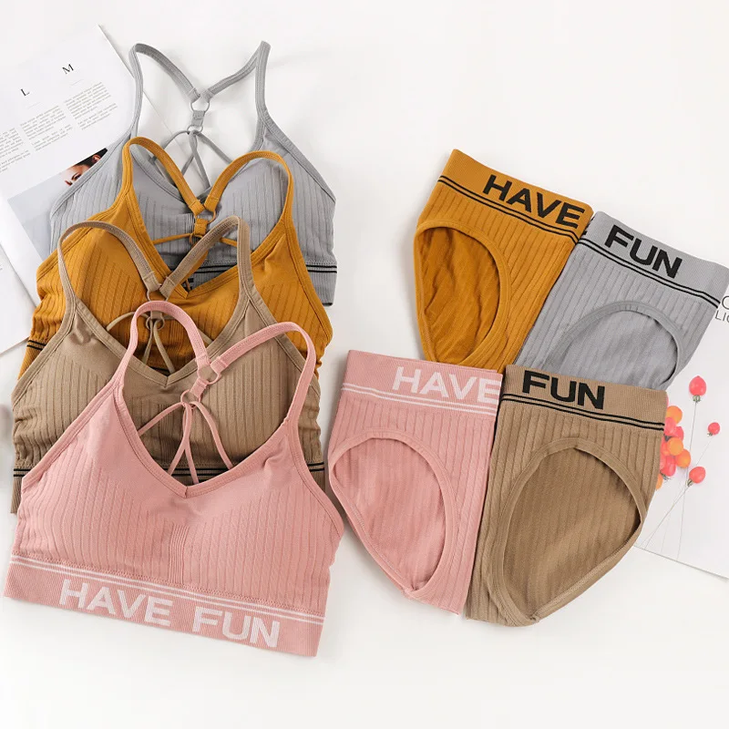 Women Sport Bra Panties Set Seamless Briefs Push-Up Bra Active Fitness Crop Top Comfort Briefs Low Rise Underwear Lingerie Set
