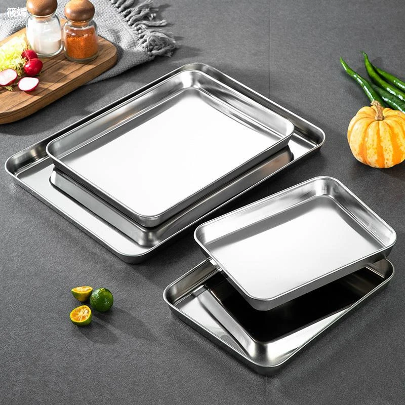 Stainless Steel Thick Food Storage Trays Rectangle Steamed Sausage Dish Restaurant Bread Fruit Plate Kitchen Utensils