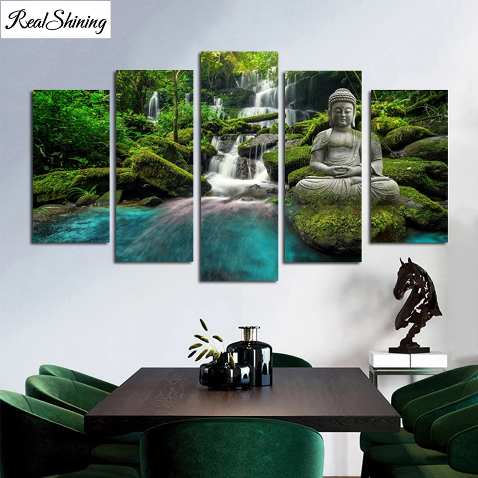 Wall Art Diamond Painting 5 Pieces Waterfall Buddha Landscape Room Decor Set 5d Crystal Picture Diamond Embroidery T606