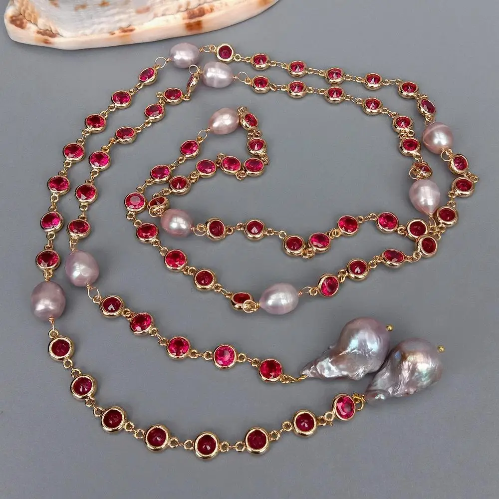 YYGEM Cultured Purple Cultured Nucleated Flameball Baroque Pearl Fuchsia Color Cubic Zirconia Pave sweater chain Necklace 49
