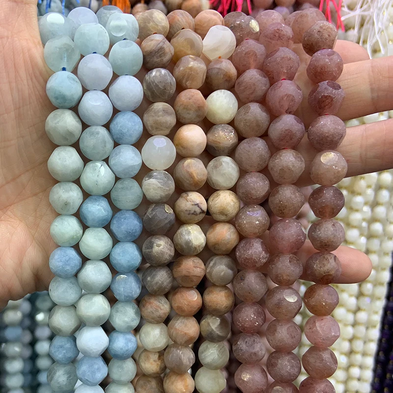 

9-10mm Natural Aquamarine Sunstone Strawberry Quartz Beads 15'' Round DIY Loose Beads For Jewelry Making Bracelet Necklace