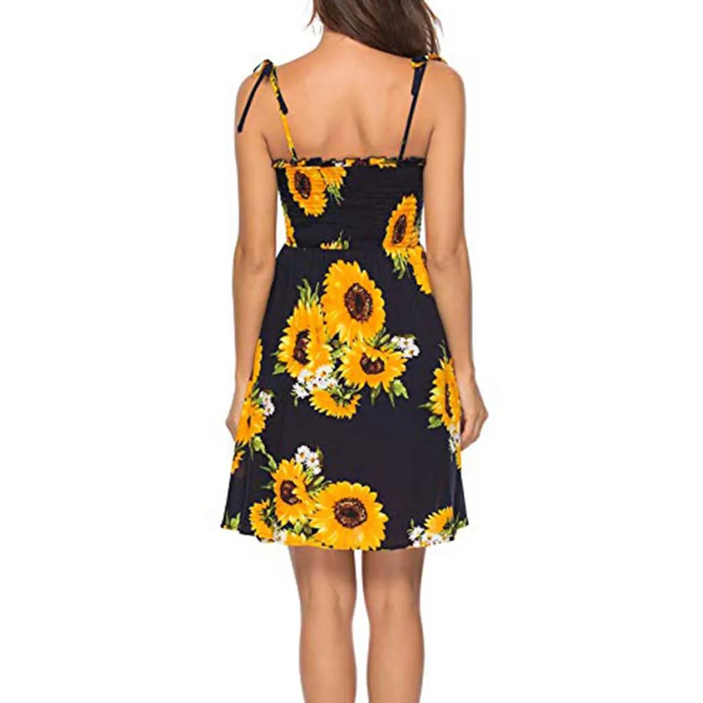 Stylish Bar 2020 Summer Sunflower Party Dress Women Camis Flora Printed Beach Dress Female Backless Mini Dresses Ladies Vestidos