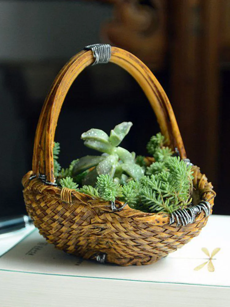 

New Mini Basket Resin Succulent Flowerpot Imitation Bamboo Woven Wall Hanging Rattan Woven Flower Figurines Miniatures Ornaments