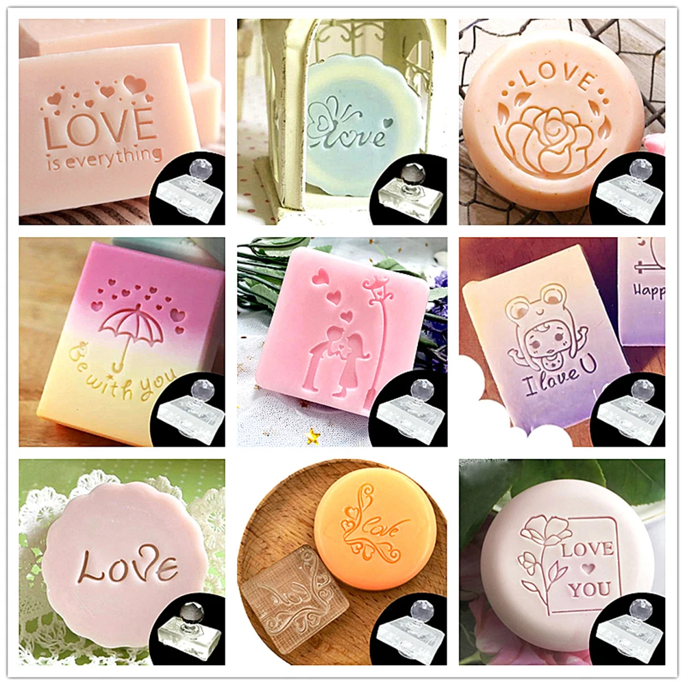 LOVE Word Valentine\'s Day Flower Cartoon Pattern Soap Stamp Handmade Making Soap Seal DIY Natural Transparent Resin Tools