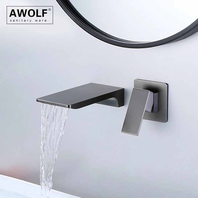 

Solid Brass Bathroom Basin Sink Faucet Dark Grey Wall Mounted Hot And Cold Waterfall Mixer Bathtub Faucet Tap ML8063