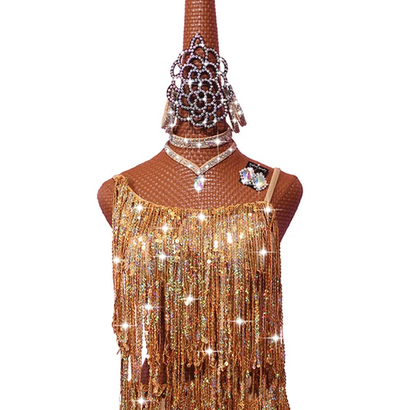 New Latin Dance Competition Performance  Adult Custom Gold Backless Sexy Sequin Dance Dress