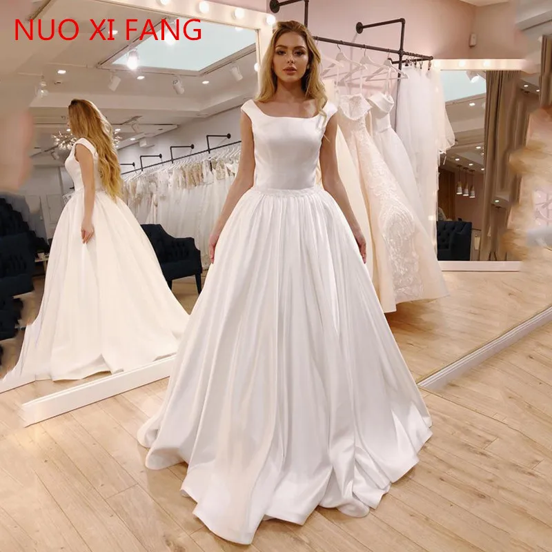 NUOXIFANG 2022 New A Line Wedding Dress Satin Sleeveless Cheap Bride Dress Sexy Lace-up  Back Vestido de novia Wedding Gowns