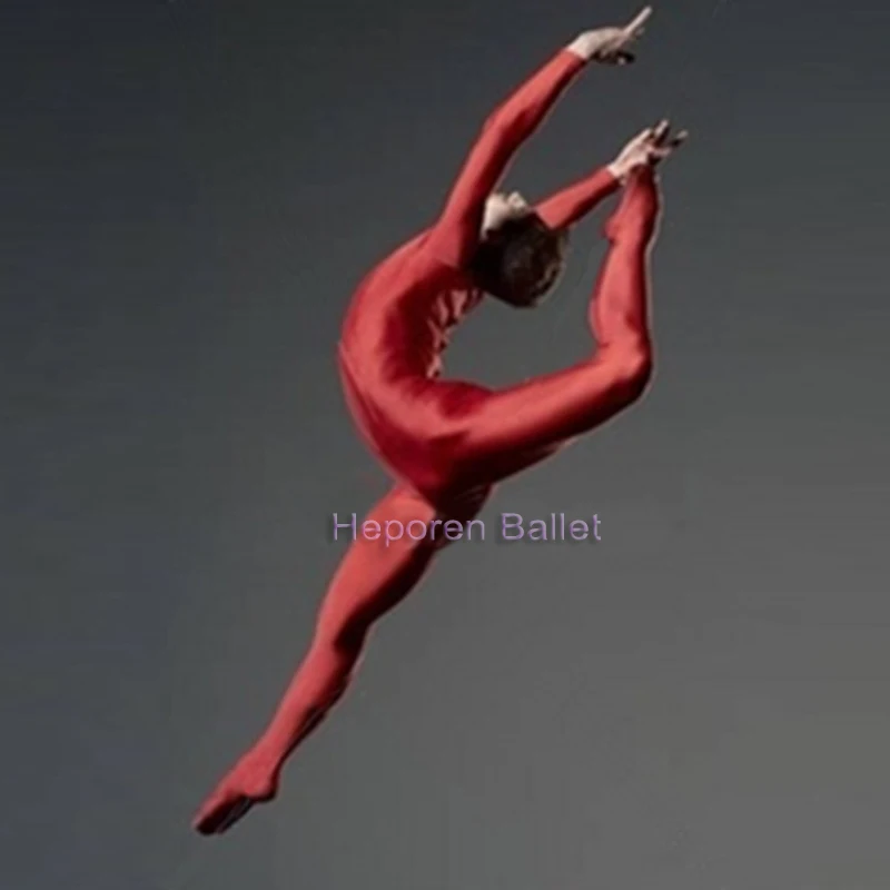 Man Ballet Dancer Long Sleeve Jumpsuit In Red Tight Leotard Full Body Suit Ballet Gym Dance Wear