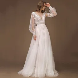 Elegant A-Line Wedding Dress Puff Sleeves Tulle Boho Wedding Gowns Backless Vestido De Novia Customized Wedding Party Dress