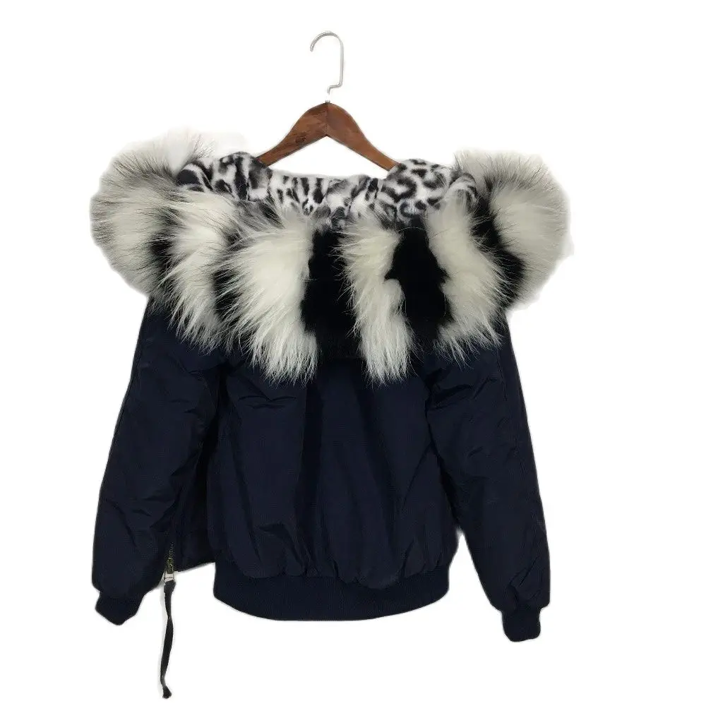 Navy Windproof Women Coats Winter Bomber Fur Jacket Zipper Hooded White Leopard Fur Coat