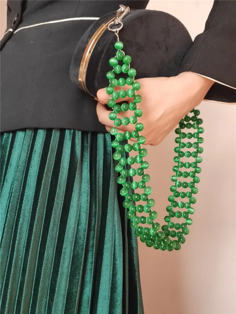 funky new design natural green cat\'s eye stone beads weaving chunky bag shoulder chain
