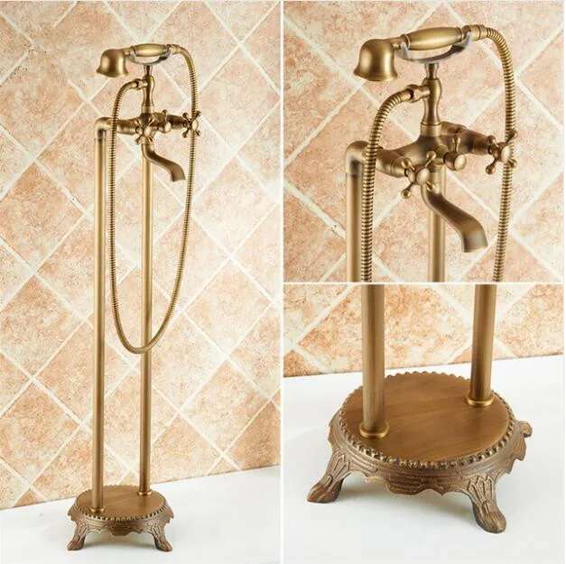 

Vidric Bathtub Faucets Solid Brass Luxury Floor Standing Bathroom Bathtub Faucet Antique Dual Handle with Handheld Shower Crane