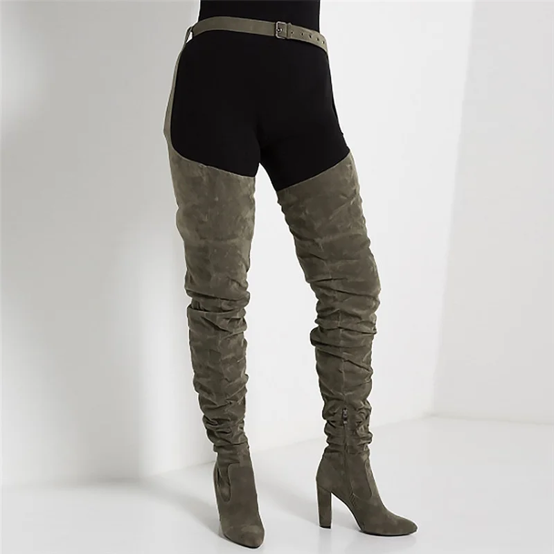 Boots Women 2023 Winter Sexy Army Green Belt Thigh High Boots Chunky Heels Suede Big Size 43 Over The Knee Girl Fashion Shoes