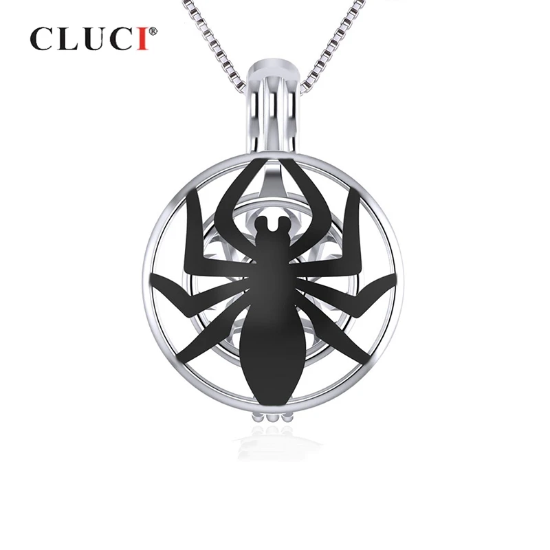 CLUCI Silver 925 Halloween Pendant Silver 925 Women Necklace Jewelry Black Widow Spider Shaped Pendant Pearl Locket SC320SB