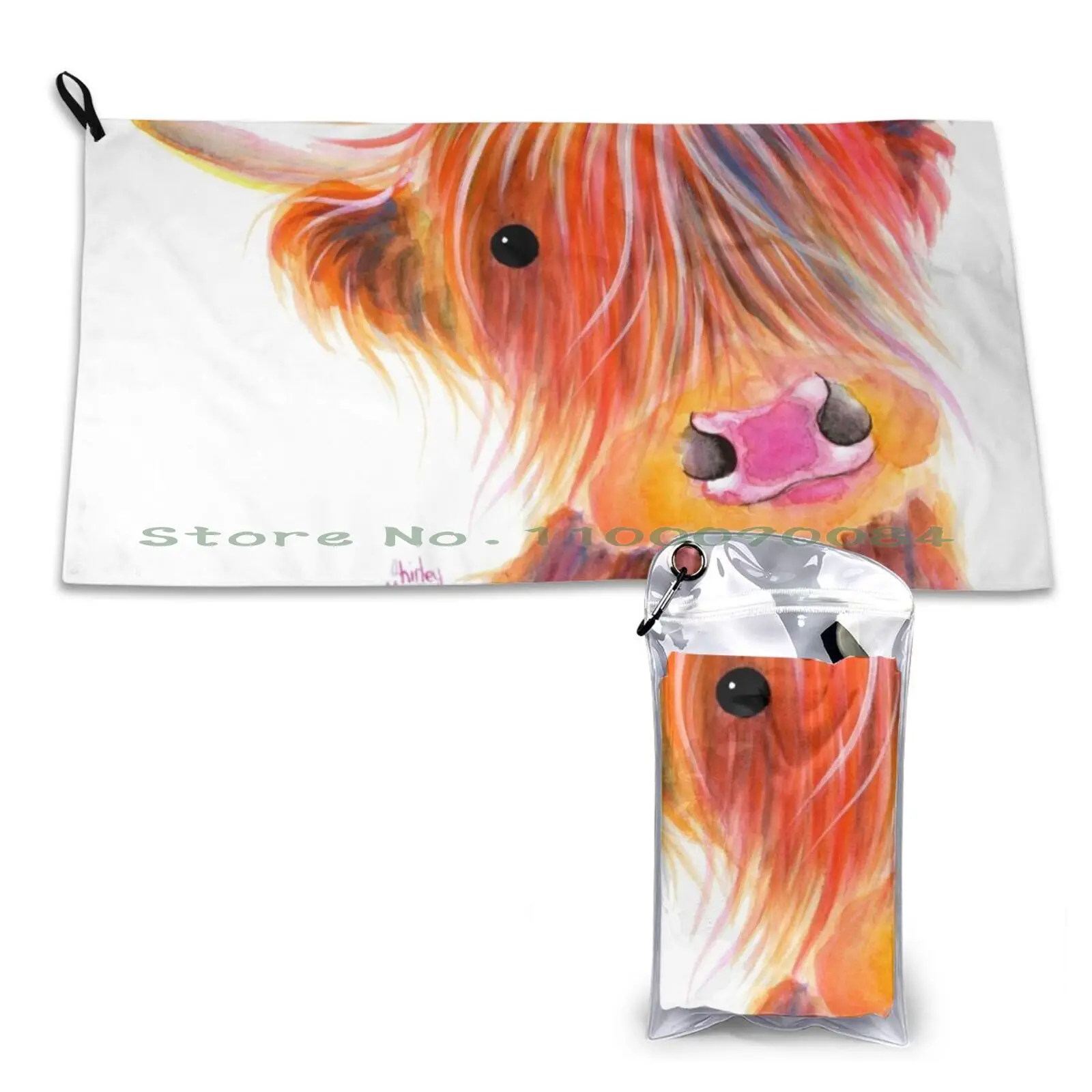 Scottish Highland Cow Print ' Sweet Satsuma ' By Shirley Macarthur Quick Dry Towel Gym Sports Bath Portable Highland Cow